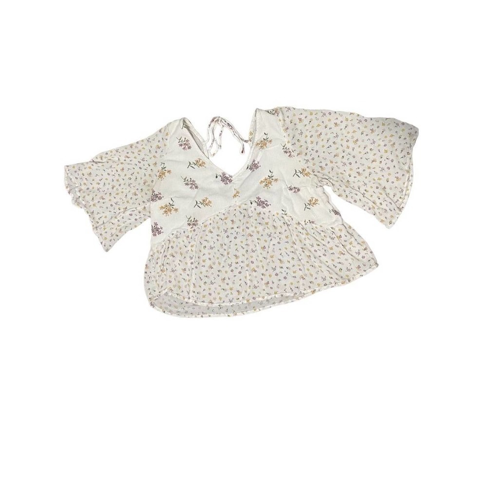 Hollister Womens‎ Cropped Peasant Boho Top Cream Floral Print Bell Sleeves Large